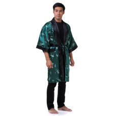 Green Japanese Reversible Satin Kimono Robe for Men QKG10M